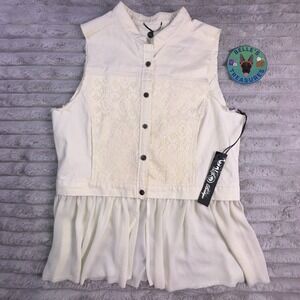 BKE Buckle Top Women's Large Beige Lace Sheer Peplum Hem Button Up Vest Coquette